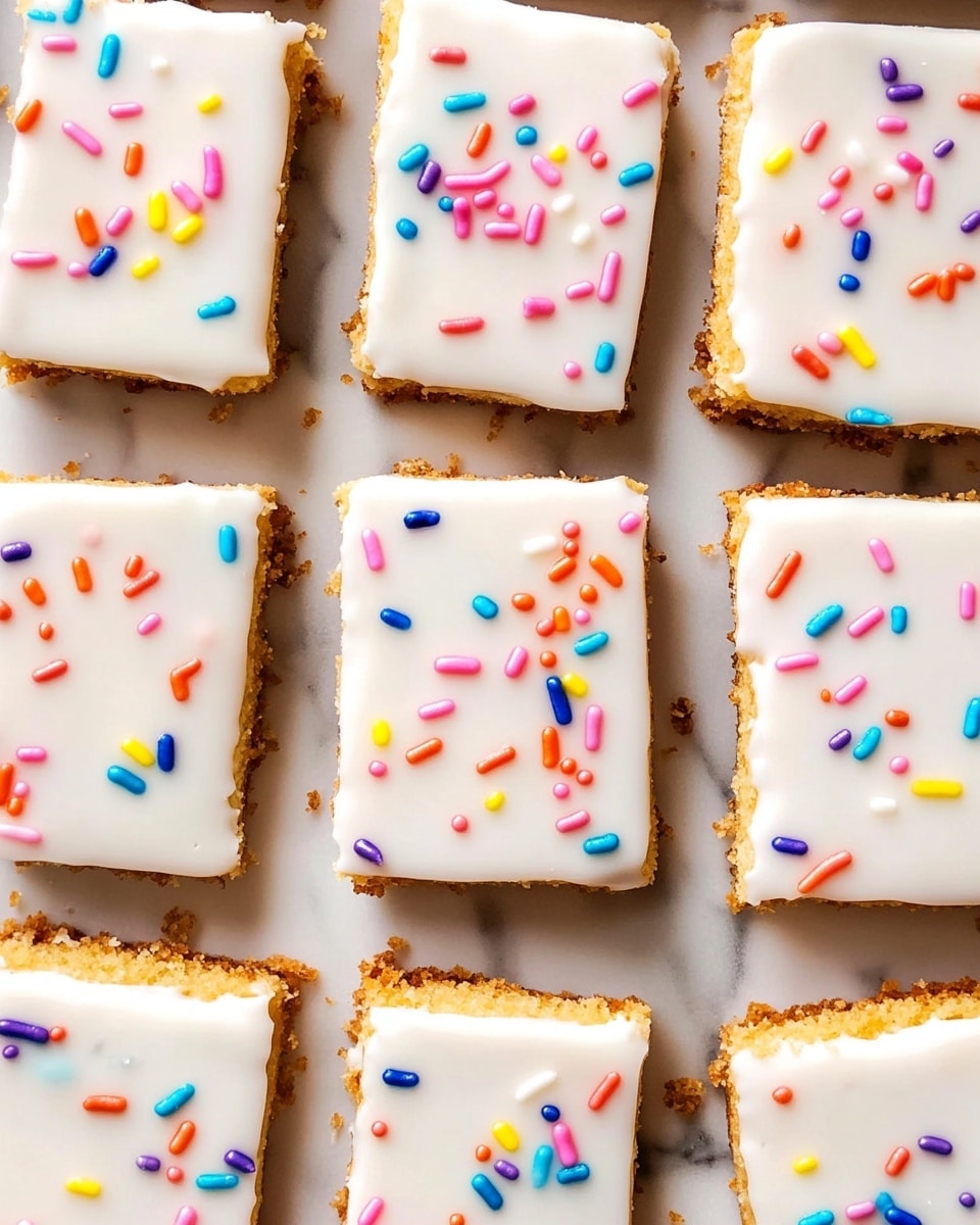 The image shows a close-up top view of rectangular cakes arranged in a grid pattern on a white marbled surface. Each cake has two visible layers: a light brown base layer with a soft texture, and a smooth white icing layer covering the entire top surface. The icing is decorated with small colorful sprinkles scattered evenly, featuring bright colors like blue, pink, red, orange, yellow, and purple. The cakes are neatly cut into uniform pieces, with clean edges that reveal the layers clearly. photo taken with an iphone --ar 4:5 --v 6.1