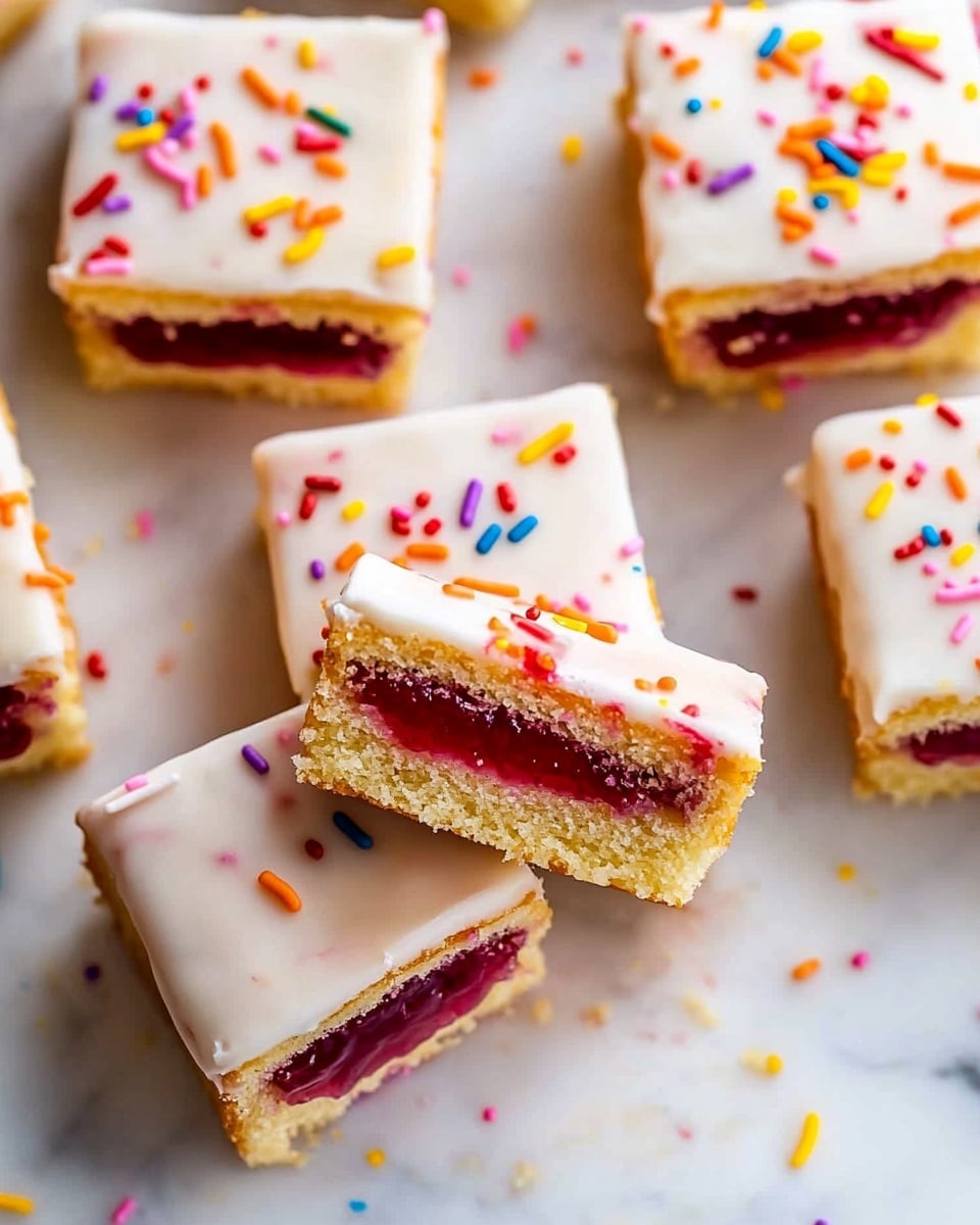 The image shows a close-up view of stacked square bars with two light golden yellow cake layers separated by a dark red jam filling. The top layer of each bar has small colorful sprinkles scattered across its smooth surface. The bars have a soft, slightly crumbly texture and are arranged in a casual stack on a white marbled surface, with some sprinkles scattered around the base. Photo taken with an iphone --ar 4:5 --v 6.1