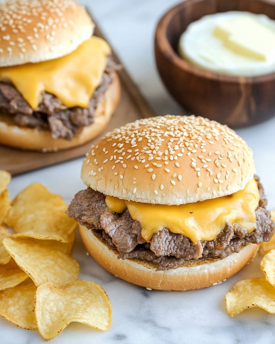 The image shows a sandwich placed on a wooden board with a white marbled background. The sandwich has three visible layers: the top layer is a sesame seed bun with a light golden color, the middle layer consists of thin slices of roasted beef with a slightly brown color and some texture, and the bottom layer is a melted slice of yellow cheese covering part of the meat, resting on the lower half of the bun. To the side of the sandwich, there is a small pile of ridged potato chips, light beige in color. In the background, there are three more sandwich buns without fillings, softly blurred to keep focus on the main sandwich. A white and light-gray checkered cloth is partly visible on the left edge of the image. Photo taken with an iphone --ar 4:5 --v 6.1