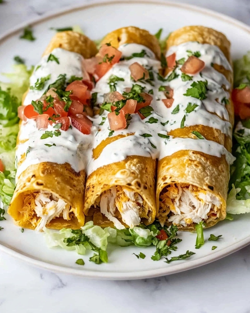 A white plate with several rolled, golden-yellow enchiladas placed on a bed of shredded green lettuce. The enchiladas are covered with white cream sauce drizzled over the top and small chunks of red tomato sprinkled across them. There is also a reddish-brown sauce spread on the plate around the enchiladas. Finely chopped green herbs are scattered on top of everything. To the right of the plate are lime wedges resting on a white marbled surface. Below the plate, a small white bowl filled with diced red tomatoes sits on the same white marbled surface, with a few lettuce pieces scattered around. A brown bottle is seen near the top left corner of the image. Photo taken with an iphone --ar 4:5 --v 6.1