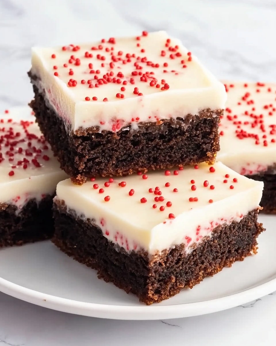 The image shows four square pieces of dessert stacked on a white plate. Each piece has two layers: the bottom layer is thick, dark brown with a moist, dense texture, and the top layer is creamy white with small red sprinkles spread evenly over it. The edges of the dessert are neat and smooth. The background is a white marbled surface, giving a clean and bright setting. Photo taken with an iphone --ar 4:5 --v 6.1