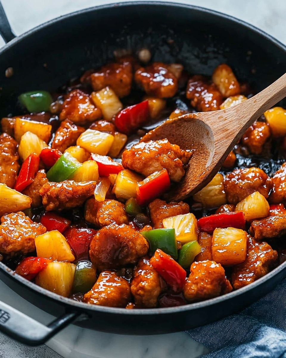 A white round plate filled with a colorful stir-fry made of three layers: the bottom layer is glossy dark brown sauce coating the entire mix, the middle layer has juicy golden-brown chunks of cooked meat, bright yellow pineapple pieces, and firm green and red bell pepper cubes scattered evenly on top, and the top layer is sprinkled with small white sesame seeds adding texture. The plate is placed on a white marbled surface, surrounded by a wooden bowl with white salt, a small white bowl with sesame seeds, a silver spoon, and a blue cloth napkin on the right side. photo taken with an iphone --ar 4:5 --v 6.1