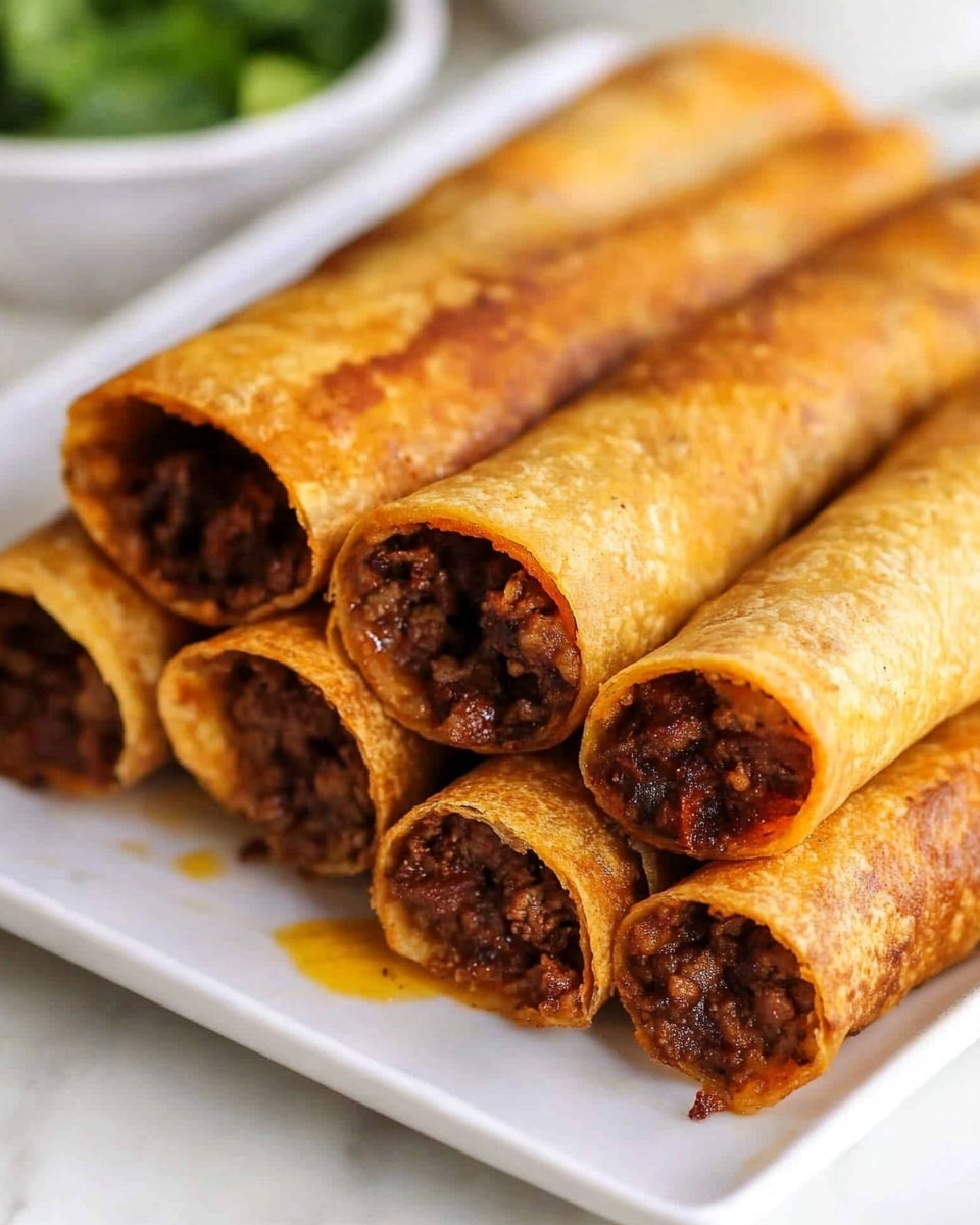 The image shows a stack of nine rolled tacos placed in two layers on a white rectangular plate on a white marbled surface. The tacos have crispy golden brown shells tightly rolled, each filled with dark brown cooked meat that slightly spills out from the open ends. The top layer has four tacos leaning on five tacos in the bottom layer, creating a pyramid shape. In the background, there is a blurred white bowl filled with green sauce or salsa. Photo taken with an iphone --ar 4:5 --v 6.1