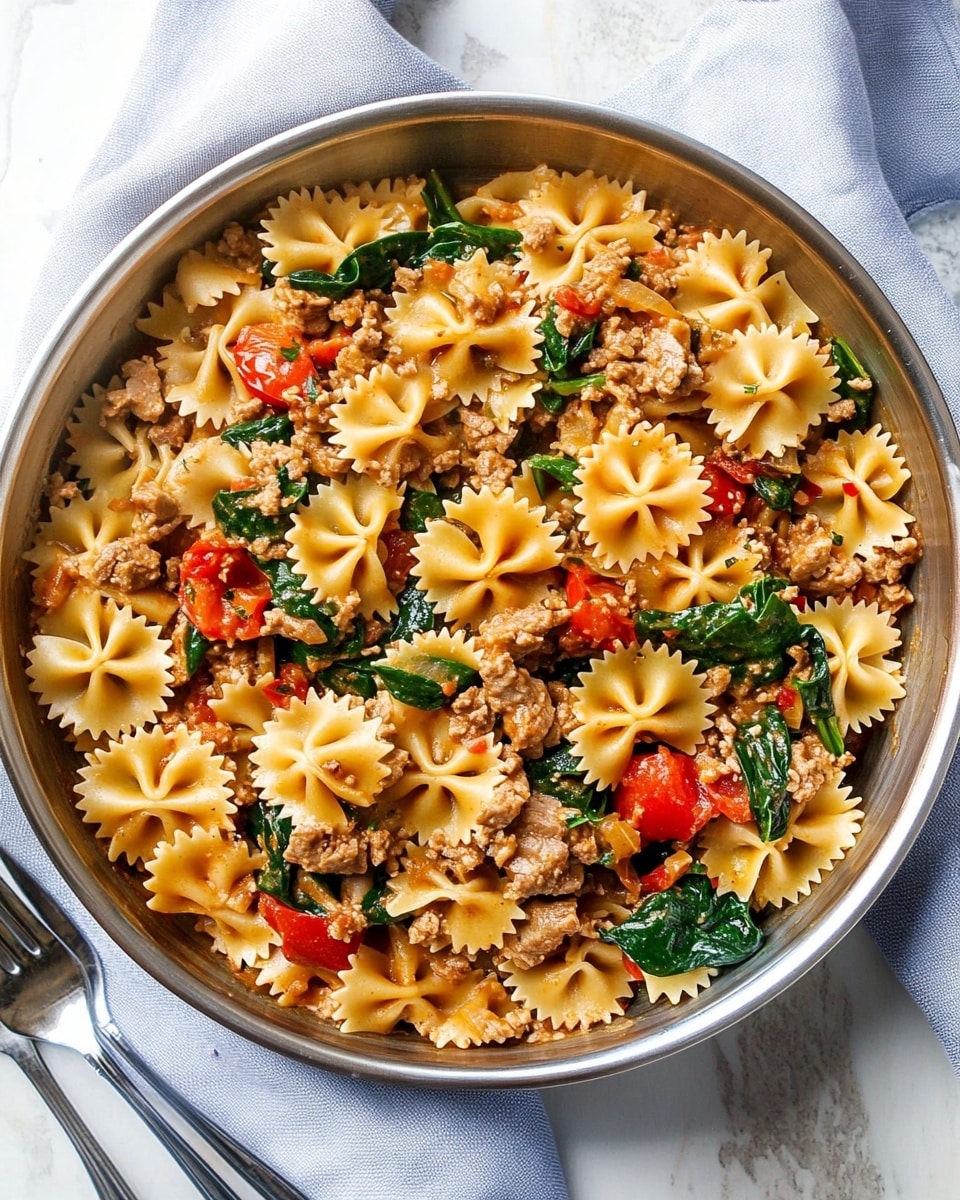 The image shows a round silver pan filled with a pasta dish made of light yellow farfalle pasta mixed with small chunks of brown cooked meat, bright red tomato pieces, and dark green spinach leaves. The ingredients are evenly spread and seem saucy with a light coating of red chili flakes sprinkled on top. The pan is placed on a white marbled surface next to a neatly folded light blue cloth and three shiny silver forks. The textures include the soft, slightly wrinkled pasta, the tender meat, and the fresh leafy spinach. photo taken with an iphone --ar 4:5 --v 6.1