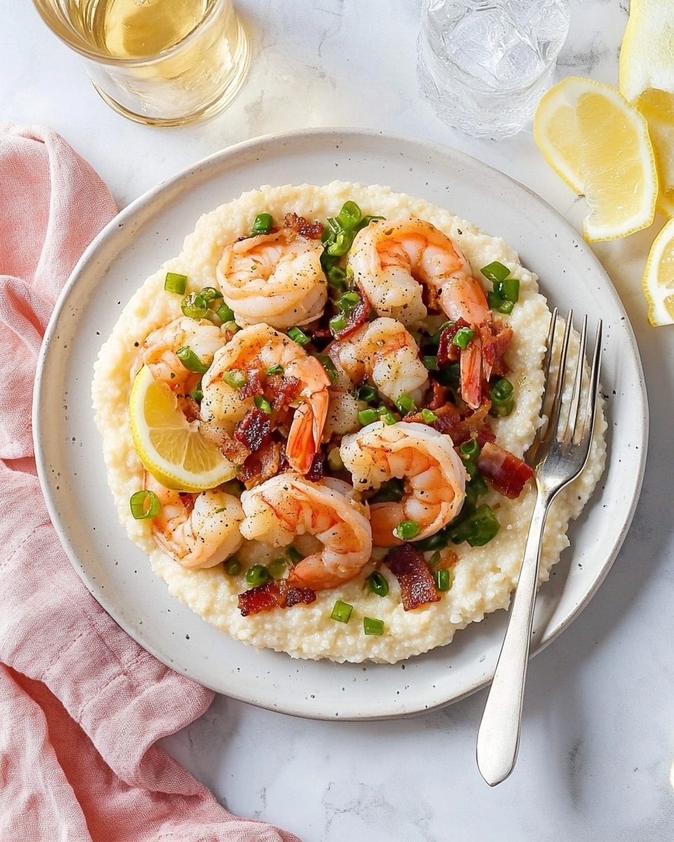 The dish is served in a white bowl on a white marbled surface with a pink cloth nearby. It has three main layers: a smooth, creamy white base of mashed potatoes spread evenly at the bottom; on top of this is a generous serving of orange-pink cooked shrimp mixed with bits of green onion and small pieces of red seasoning, giving it a colorful, textured look; on one edge, two yellow lemon slices rest partially on the shrimp, adding brightness to the plate. A fork is placed on the right side of the bowl. In the background, two clear glasses with lemon slices inside sit blurred. Photo taken with an iphone --ar 4:5 --v 6.1