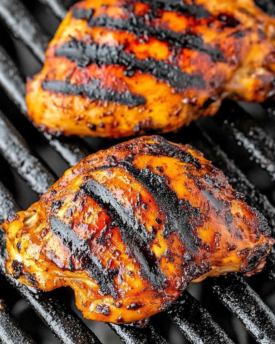 The image shows three pieces of grilled chicken thighs with dark char lines and a rich orange-brown color from the marinade or sauce. The chicken pieces have a slightly shiny, juicy texture and are positioned close together on a black grill with visible grill grates running horizontally. The grilled marks are prominent, giving the chicken a well-cooked, smoky look. The background is a white marbled texture. photo taken with an iphone --ar 4:5 --v 6.1