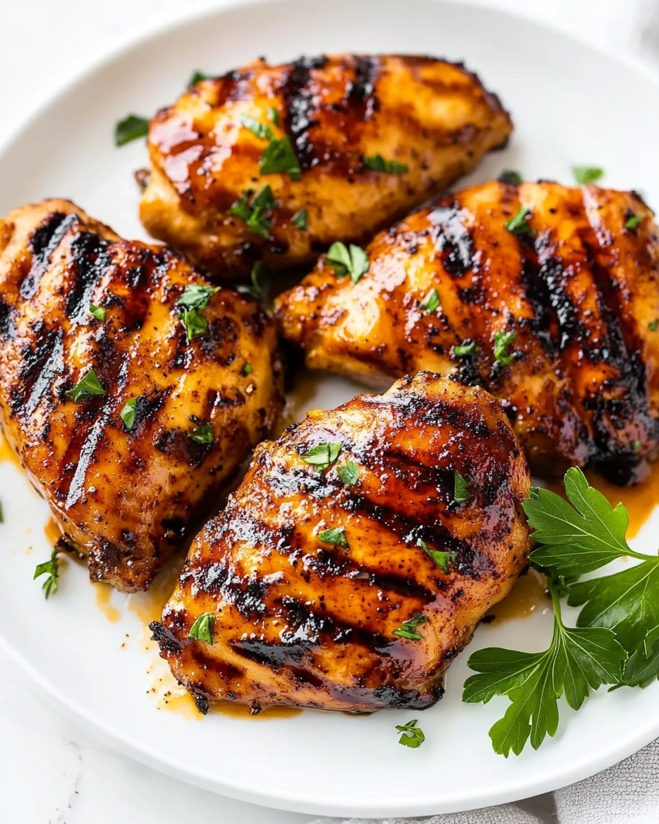 The dish shows four grilled chicken pieces arranged on a white round plate. Three whole grilled chicken pieces have a shiny brown and slightly charred crust with visible grill marks, and one piece is sliced showing a white tender interior. The chicken is sitting in a pool of light brown sauce with some herbs sprinkled on top. A silver fork is stuck into the sliced chicken on the top right side of the plate. There are a few sprigs of fresh green parsley placed on the bottom right corner of the plate. The plate is on a white marbled surface with a white cloth partially visible on the bottom left corner. photo taken with an iphone --ar 4:5 --v 6.1