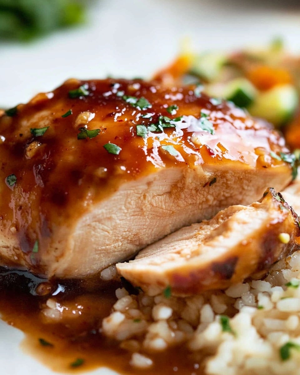 A close-up view shows a piece of cooked meat with a thick, shiny reddish-brown sauce covering the top, speckled with green herbs and small bits of seasoning. The meat is sliced to reveal a moist, white inside with a slightly browned outer edge. The piece is placed on a bed of light-colored rice mixed with small bits of vegetables. In the background, there are blurred green and orange elements, possibly vegetables or salad, adding a touch of color. A silver fork is gently poking the sliced part of the meat, on a white plate set on a white marbled surface. photo taken with an iphone --ar 4:5 --v 6.1