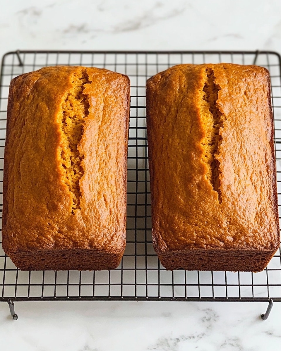 Two rectangular golden-brown loaves of bread with a slightly cracked top surface are placed side by side on a black metal wire cooling rack. The texture of the loaves looks soft yet firm, and the bread has a warm, even color throughout. The wire rack sits on a white marbled surface, adding a clean and bright background to the image. Photo taken with an iphone --ar 4:5 --v 6.1