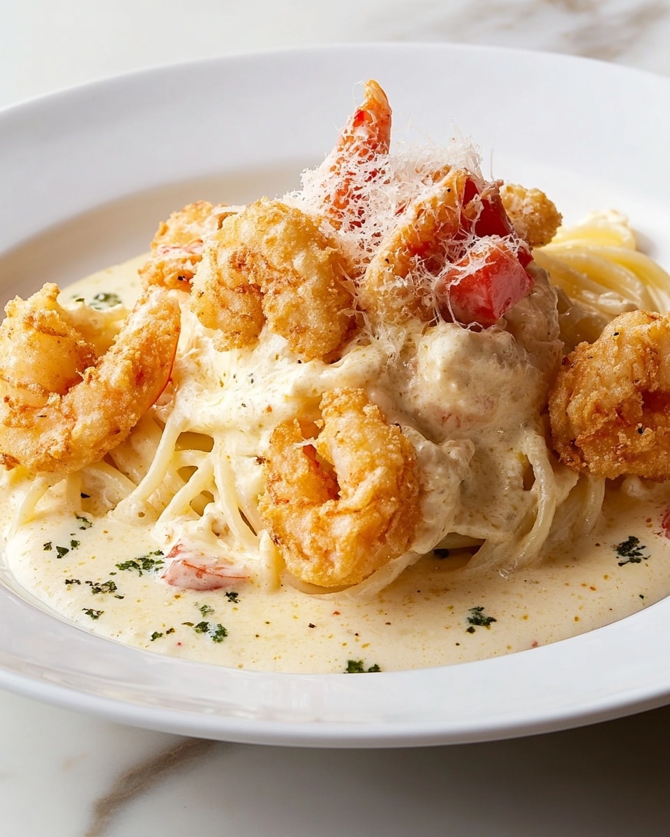 A white plate sits on a white marbled surface, filled with a dish of creamy white pasta piled in the center. The pasta is coated in a thick, smooth cream sauce with visible small green herbs and topped with small red tomato pieces. Surrounding the pasta are five golden-brown fried shrimp with a crunchy texture and their tails on, placed evenly around the pasta mound. The cream sauce spreads across the plate, and the entire dish is sprinkled with a light dusting of grated cheese. photo taken with an iphone --ar 4:5 --v 6.1