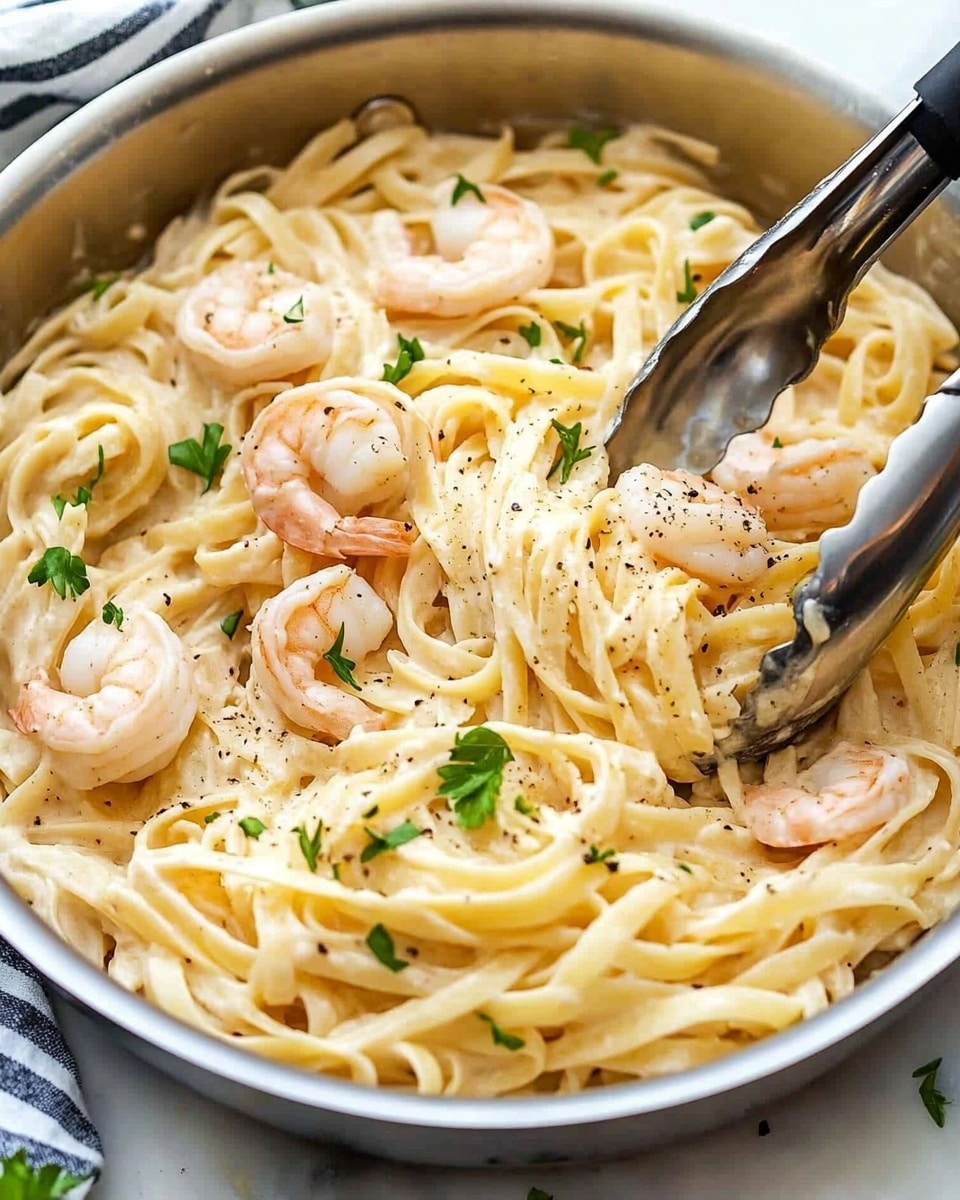 A white bowl sitting on a white marbled surface holds a creamy shrimp pasta dish with thick, flat fettuccine noodles that are coated in a smooth, light beige sauce. Small shrimp, pink and slightly curled, are mixed evenly throughout the pasta. Green herbs are sprinkled on top, adding a fresh contrast to the creamy sauce and pale noodles. A fork rests inside the bowl with its handle leaning on the edge, ready to twirl the pasta. The entire scene is bright and clean, highlighting the fresh ingredients and simple presentation photo taken with an iphone --ar 4:5 --v 6.1