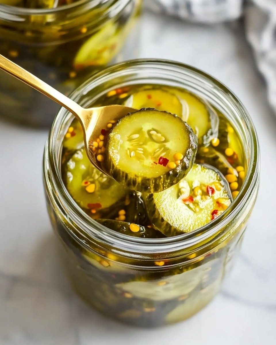 A clear glass jar filled with sliced green pickles, some pieces floating in a yellowish brine with red pepper flakes and mustard seeds. A gold-colored spoon lifts several shiny, slightly translucent pickle slices out of the jar, showing their round shape and wet texture. The jar is placed on a white marbled surface, with part of another similar jar blurred in the background. Photo taken with an iphone --ar 4:5 --v 6.1