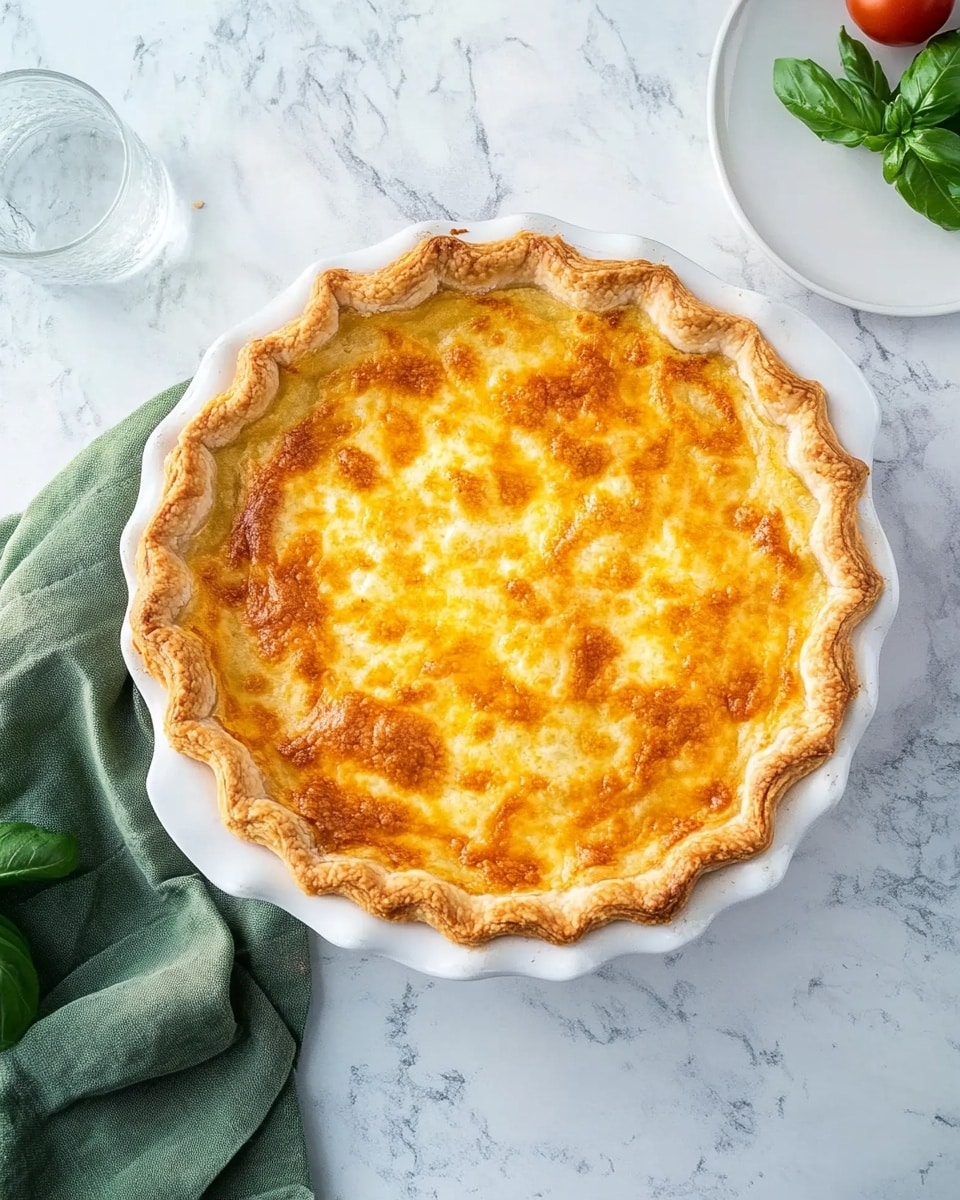 A golden brown pie with a thick, crimped crust sits in a white pie dish with two handles. The top layer is a melted cheese layer with a bubbly and slightly crispy texture. One slice is missing, showing inside layers of red tomato and green leafy vegetables beneath the cheese. The pie rests on a white marbled surface with a green cloth napkin beside it. Nearby, two silver forks lie parallel, and in the background, a white plate holds a bright red tomato with green basil leaves. A glass of water with ice cubes and a lemon slice completes the scene. Photo taken with an iphone --ar 4:5 --v 6.1