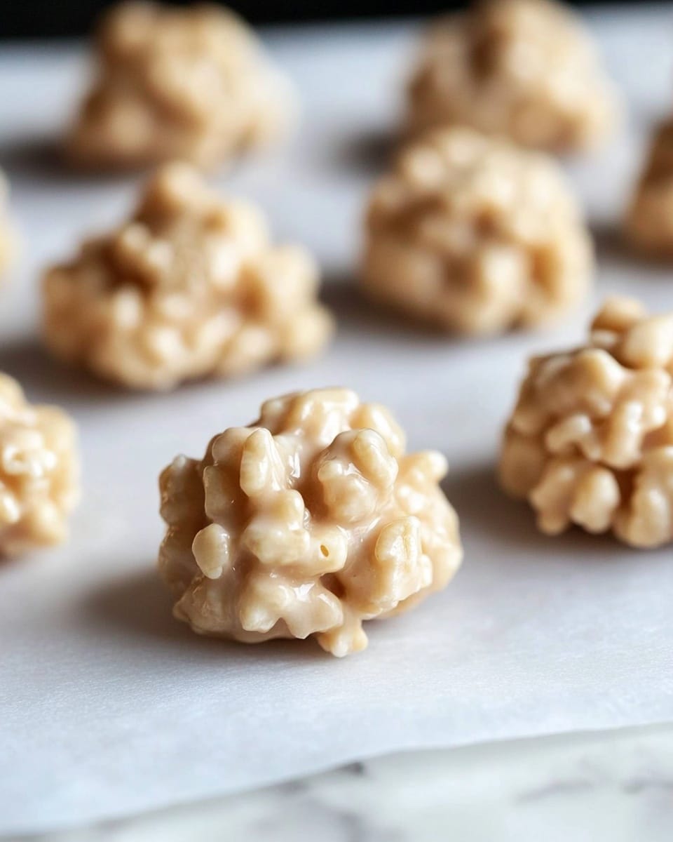 Several small clusters of light tan colored crispy treats sit on a white marbled surface, each cluster showing a lumpy texture from puffed rice or cereal pieces mixed with a smooth, shiny coating. In the background, a round white plate holds more of these treats, softly blurred to keep focus on the front cluster. The lighting highlights the shiny, slightly sticky texture of the treats, emphasizing their uneven but inviting shapes. Photo taken with an iphone --ar 4:5 --v 6.1