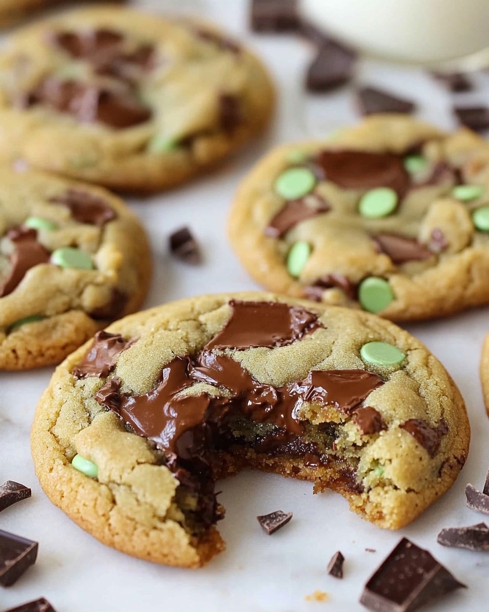 The image shows several round cookies with a golden-brown color and a slightly soft texture. The cookies have dark brown melted chocolate pieces and small green chocolate chips spread unevenly on the surface. One cookie in the center is broken in half, revealing a gooey inside with chocolate melted inside. The cookies rest on a white marbled surface, with some broken pieces of chocolate nearby. In the background, there is a clear glass of milk visible, partially out of focus. photo taken with an iphone --ar 4:5 --v 6.1