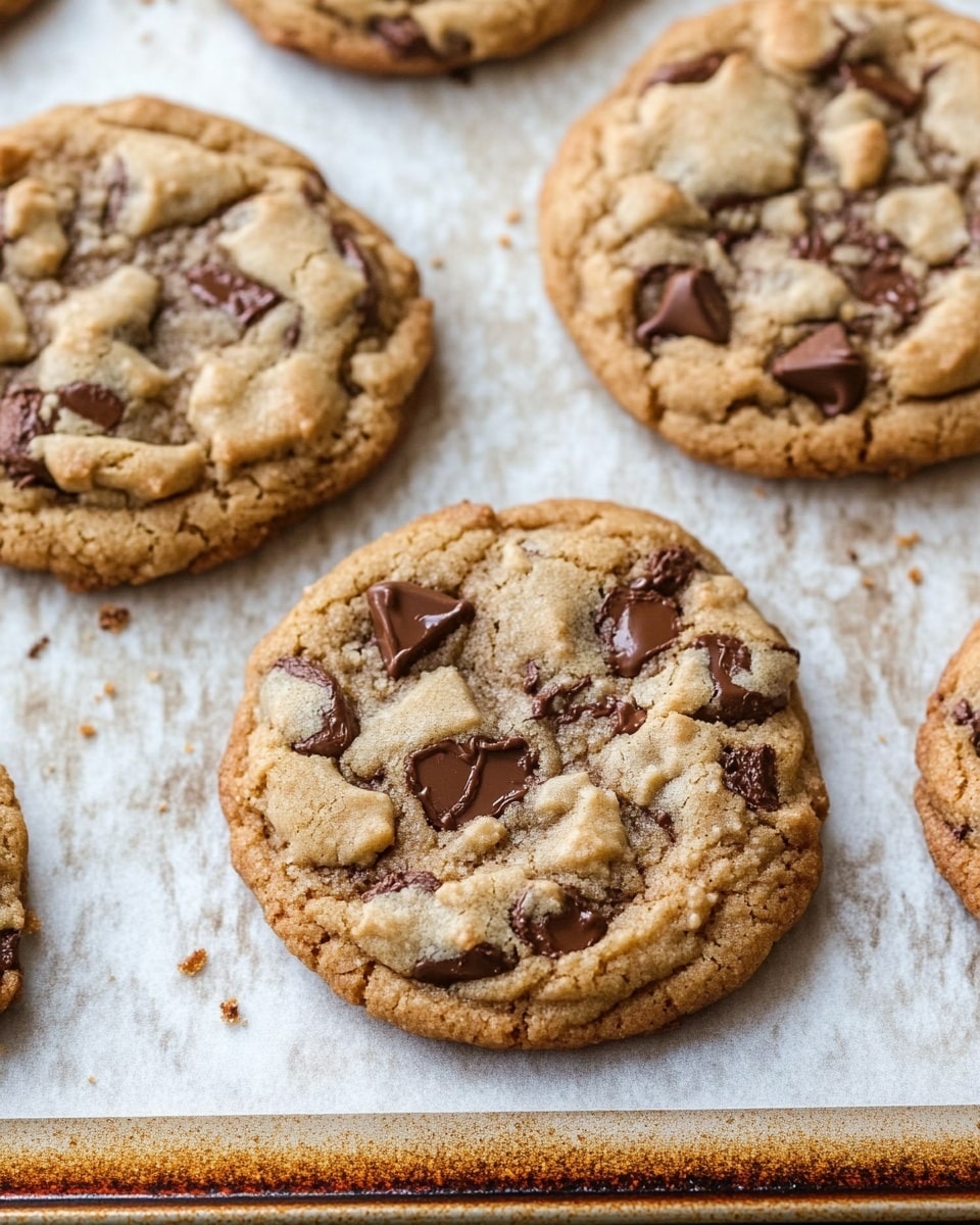 A stack of three thick, soft cookies with a golden brown color, loaded with visible chocolate chips inside. The top cookie is broken in half, showing a soft, moist inside with more chocolate chips and is drizzled with light brown caramel sauce. A whole rectangular cookie with a stamped pattern is placed upright on top of the stack, slightly leaning backwards. There are cookie crumbs and chocolate chips scattered around the base on a white marbled surface. Photo taken with an iphone --ar 4:5 --v 6.1