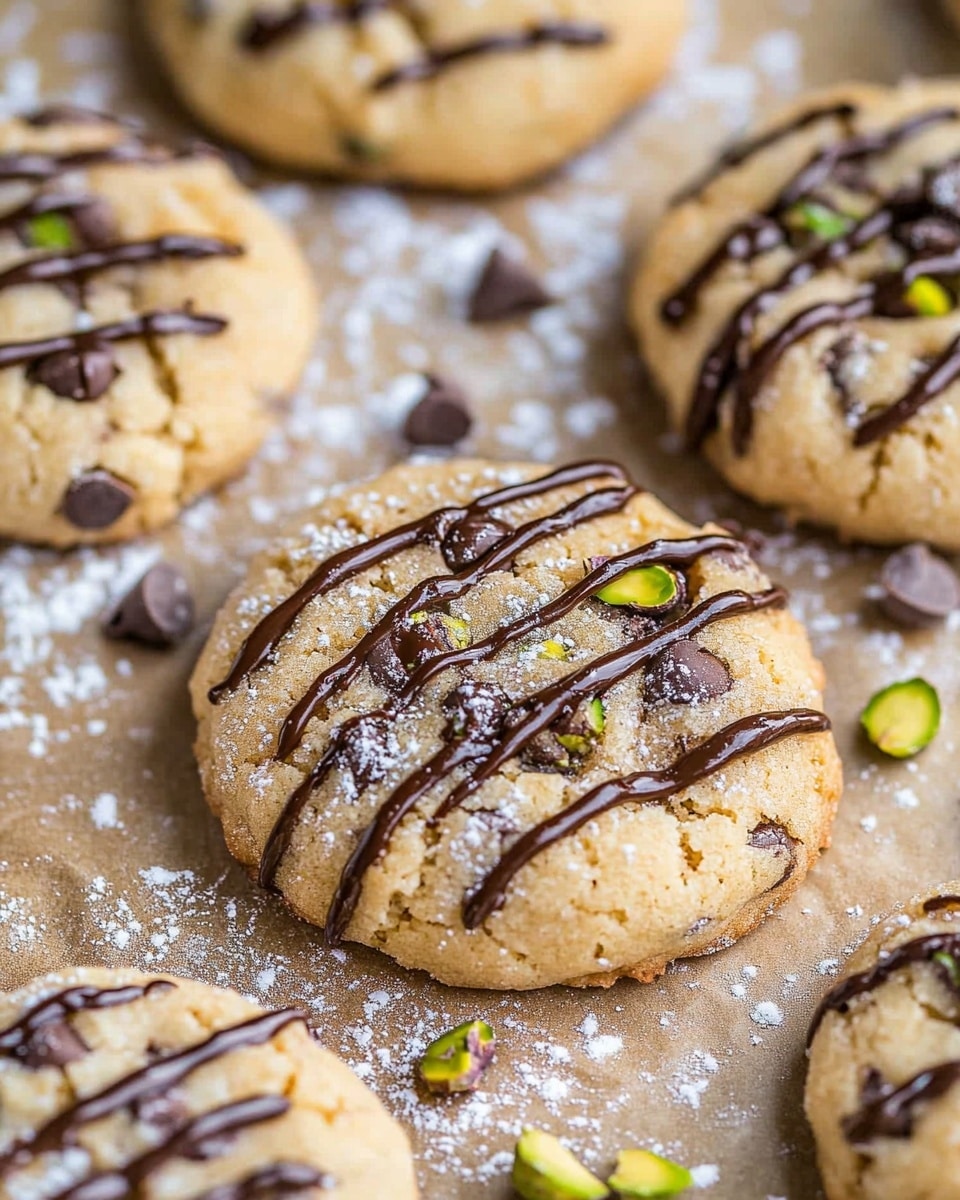 The image shows several round cookies with light beige dough, each with small dark chocolate chips and pieces of green pistachio inside. The cookies are spread out on a baking sheet covered with brown parchment paper. Each cookie is decorated with dark brown chocolate drizzle in a crisscross pattern on top. There is a light dusting of white powdered sugar sprinkled over the cookies and the parchment paper. Some loose chocolate chips and pistachio pieces are scattered around the cookies on the baking sheet. The photo has a close-up view with soft lighting and a white marbled surface as background photo taken with an iphone --ar 4:5 --v 6.1