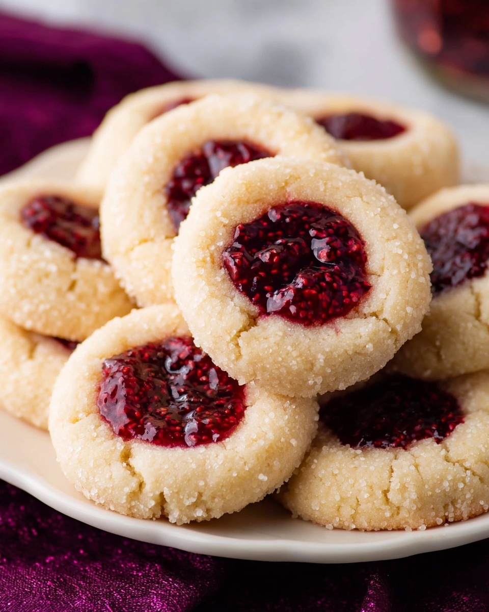 A white plate filled with around eight round thumbprint cookies. Each cookie is pale beige in color with a slightly rough sugar-coated texture. The center of each cookie has a deep red jam filling that looks shiny and thick with small fruit seeds visible. The cookies are stacked so some partially overlap each other. The plate sits on a dark purple cloth, all placed on a white marbled surface. Photo taken with an iphone --ar 4:5 --v 7