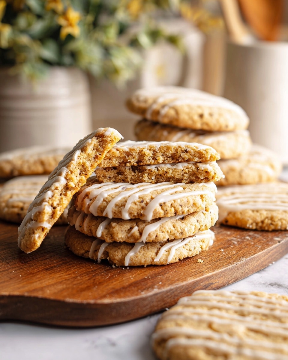 A close-up view of six round, soft cookies placed on a wooden board with a handle. Each cookie has a light golden-brown color with a slightly rough, crumbly texture. There is a thin white icing drizzled across the tops in diagonal lines, creating a simple pattern on each cookie. The wooden board sits on a surface with a white marbled texture visible around the edges. The cookies are arranged in a loose cluster, some overlapping slightly, with the focus on the front cookie, showing its detailed texture and icing drizzle. photo taken with an iphone --ar 4:5 --v 7