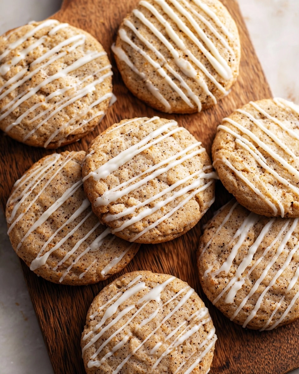 The image shows about eight round cookies with a light golden brown color and a slightly cracked texture, arranged closely together on a wooden board. Each cookie is topped with thin white icing drizzled in diagonal lines, giving a delicate contrast to the warm tones of the cookies. The surface underneath the board is a white marbled texture, adding a clean and bright background to the scene. The cookies have an inviting, soft look with faint specks inside, suggesting flavor or spice mixed in. Photo taken with an iphone --ar 4:5 --v 7