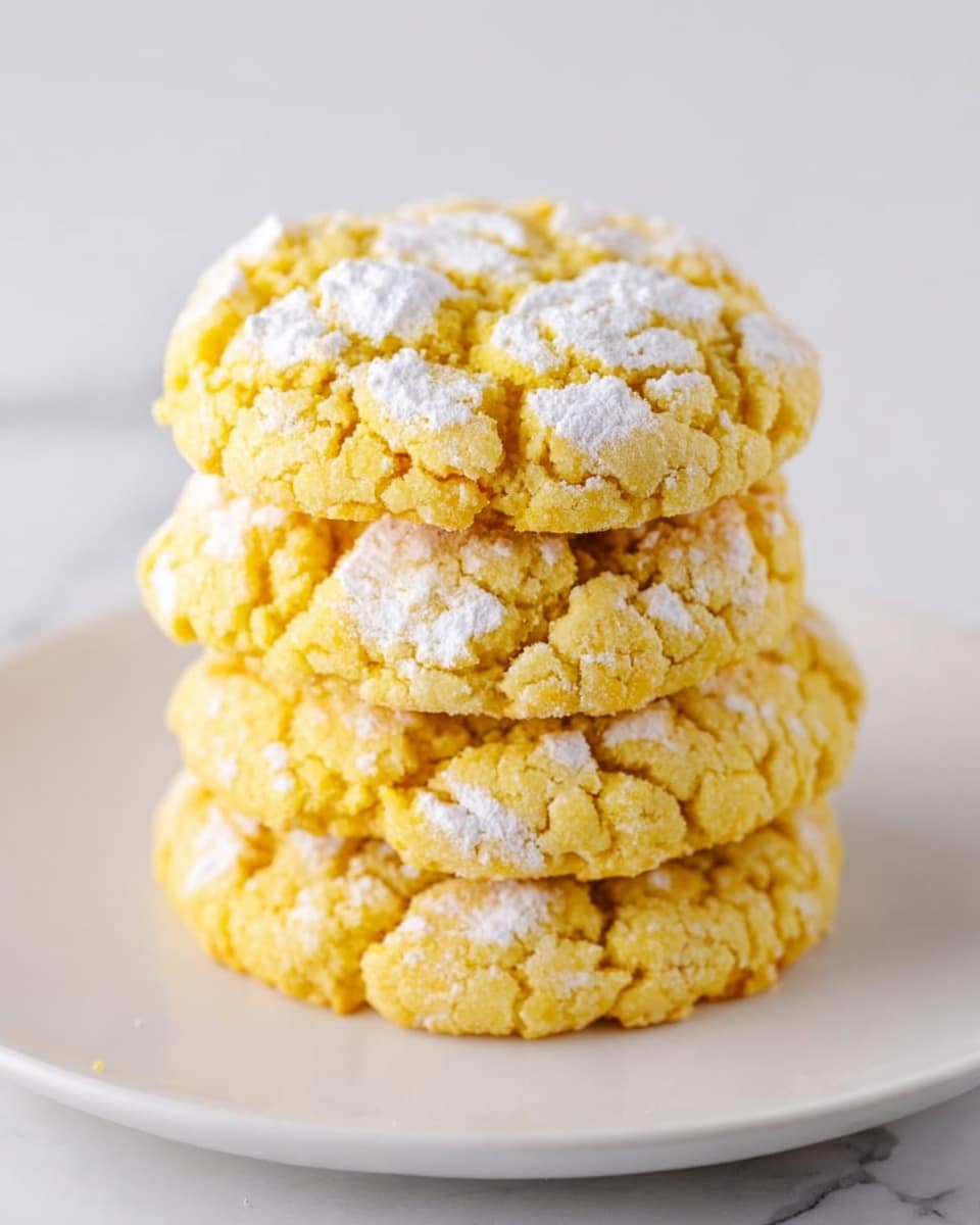 A stack of five yellow cookies with a cracked texture, each dusted with white powdered sugar, sits in the center of a white plate on a white marbled surface. The cookies have a rough, crumbly look with cracks all over, showing their soft inside. The stack is neat, with the cookies evenly piled one on top of the other, creating a small tower shape. The background and plate are plain, making the bright yellow and white sugar on the cookies stand out clearly. photo taken with an iphone --ar 4:5 --v 7