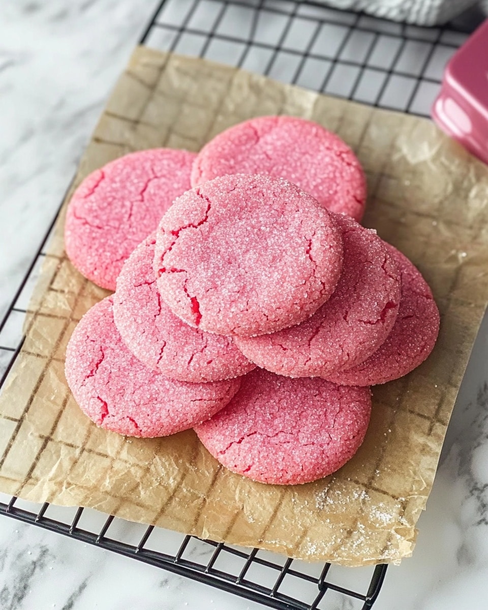 A stack of ten bright pink round cookies with a cracked surface texture lies on a piece of brown parchment paper, which sits on a black cooling rack. The cookies have a slightly rough look with a light dusting of sugar on top. To the upper right of the cookies, there are four copper measuring spoons arranged by size, and next to them is a small dark brown bottle labeled