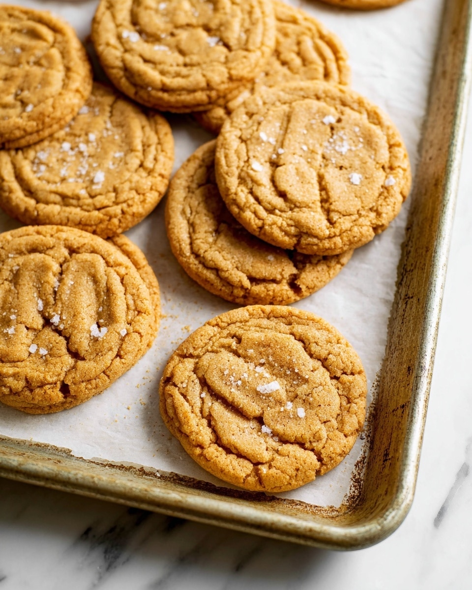 The image shows seven round cookies placed on brown parchment paper. Each cookie has a golden brown color with a slightly darker, textured surface inside the edges. The edges are smooth and a bit raised, while the center part is more crinkled with small cracks. White flakes of sea salt are scattered across the tops of the cookies, adding contrast to the warm, baked tones. The background is a white marbled texture. Photo taken with an iphone --ar 4:5 --v 7