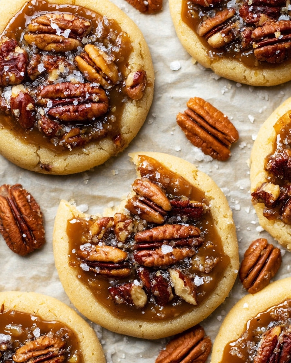 Round cookies with two layers on a white marbled textured surface. The bottom layer is a soft, light beige cookie base. The top layer is a glossy, dark caramel sauce with uneven chunks of shiny brown pecans scattered over it. Some whole pecans lie around the cookies on the surface. The cookies are sprinkled with small, white salt flakes that add texture and contrast on the caramel and nuts. The cookies are arranged in a close pattern, showing a rustic and homemade look. Photo taken with an iphone --ar 4:5 --v 7