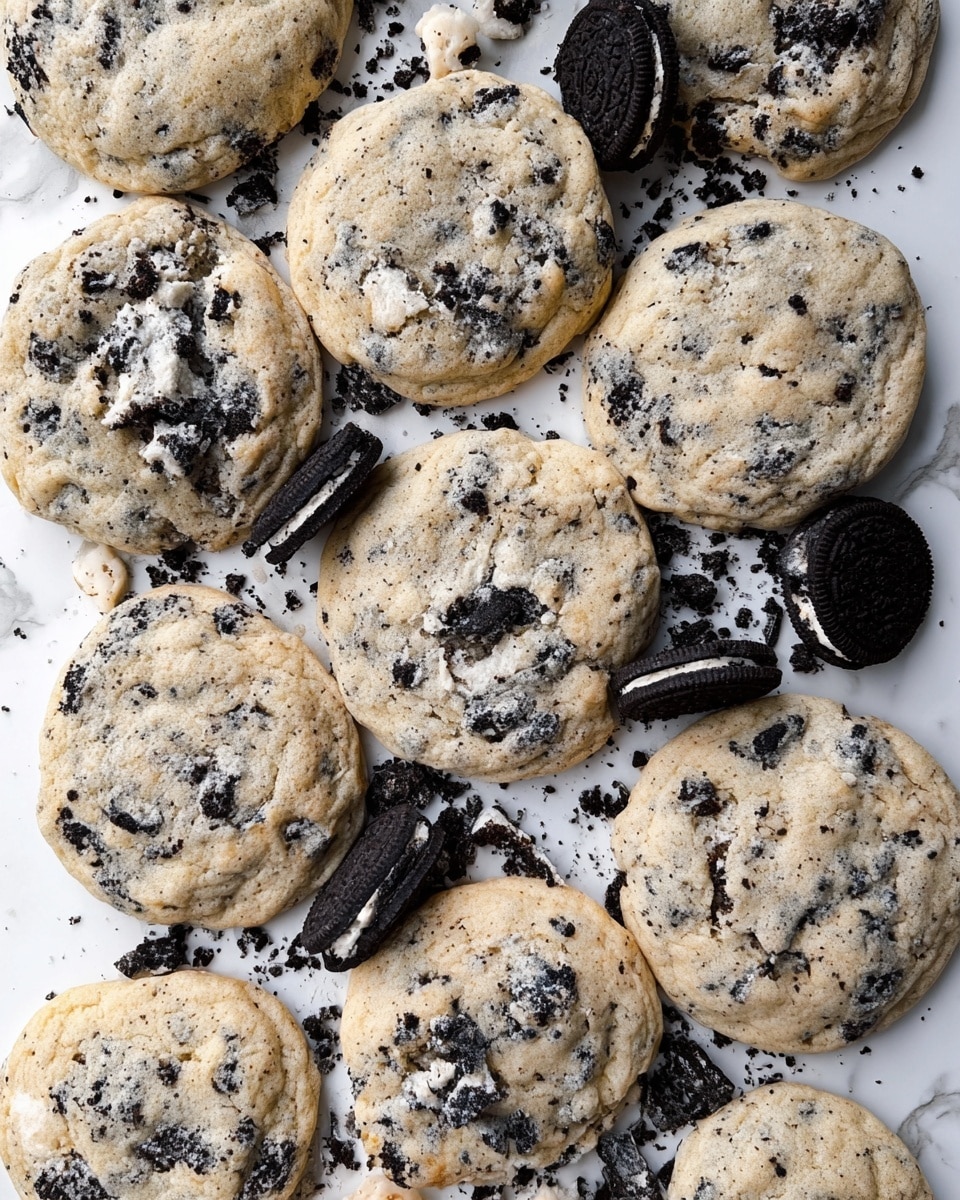 The image shows a close-up view of soft cookies with pieces of crushed chocolate sandwich cookies mixed throughout. The cookies are light beige with dark black cookie bits, with one cookie in the front partially eaten, showing the chewy texture inside. Around the cookies, whole chocolate sandwich cookies are scattered on a white marbled surface. The overall look is inviting with a soft texture and visible cookie chunks, arranged in a casual cluster. Photo taken with an iphone --ar 4:5 --v 7