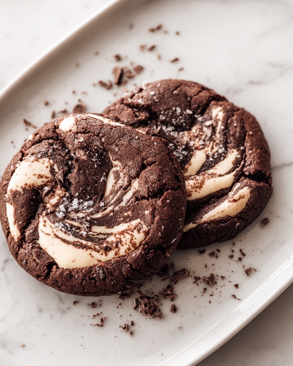 Two round chocolate cookies with cracked, rough edges sit on a white plate placed on a white marbled surface. Each cookie has swirls of light cream mixed into the dark chocolate dough on top, creating a marble effect with a soft, smooth texture. A few coarse salt flakes and chocolate crumbs are scattered on and around the cookies on the plate, adding detail and contrast. The overall look is rich and textured with a mix of dark brown and cream colors. photo taken with an iphone --ar 4:5 --v 7