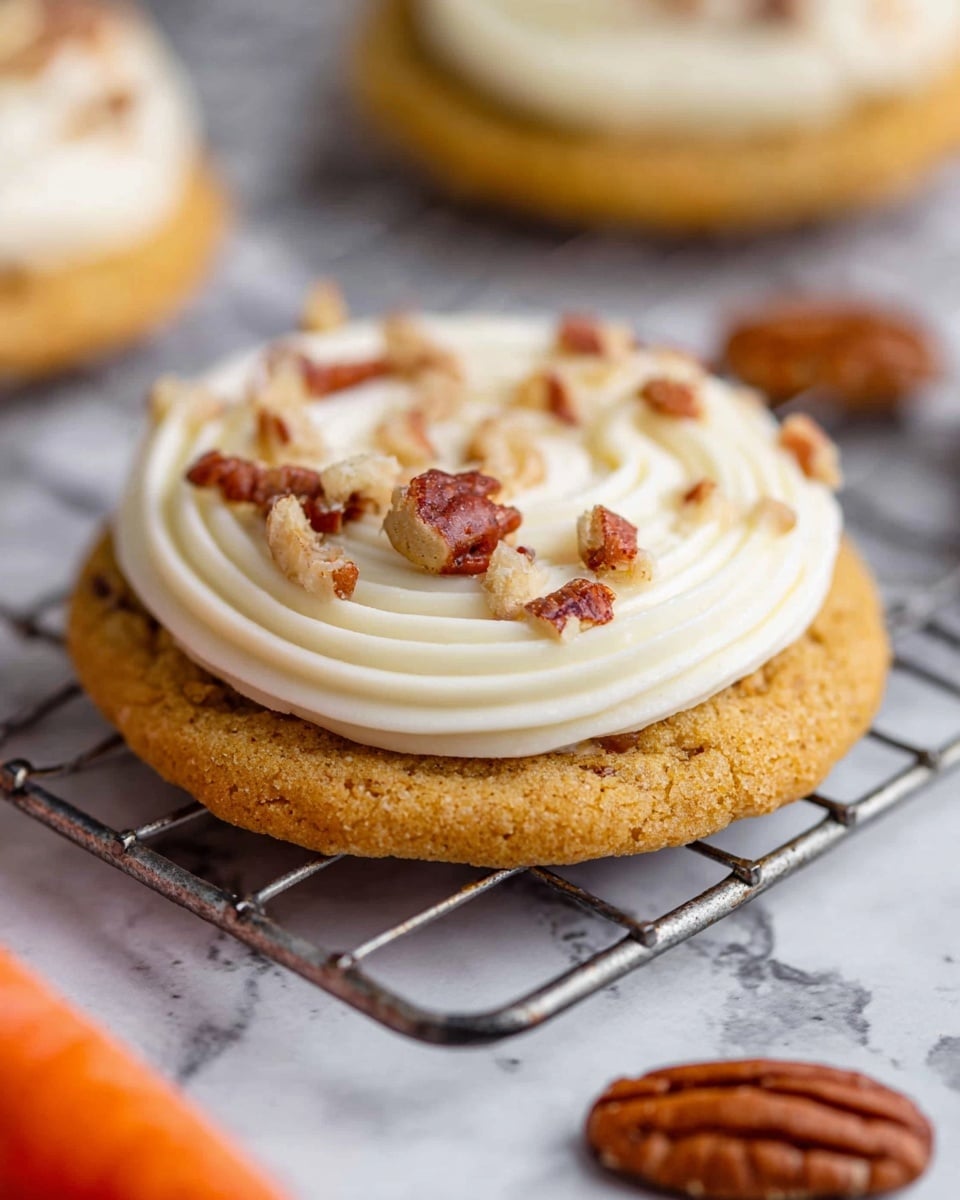 A single round cookie with a golden brown color sits on a metal cooling rack over a white marbled surface. The cookie has a smooth swirl of white frosting on top, piped in a circular motion starting from the center and moving outward. Small pieces of chopped pecans are scattered over the frosting, adding a textured, nutty brown contrast. In the background, there is a blurred image of another cookie and whole pecans, with an orange carrot near the bottom edge, complementing the cookie’s color. The photo taken with an iphone --ar 4:5 --v 7