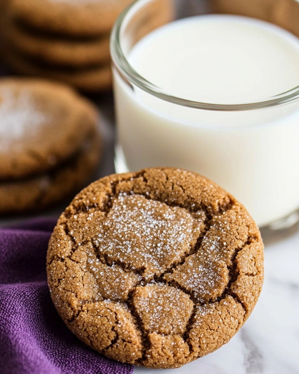 The image shows a close-up of a single round cookie with a cracked surface, featuring a light brown color and a sprinkle of sugar crystals on top. The cookie has a slightly raised dome shape with fine cracks all over, giving it a textured look. It is placed on a baking sheet with a grid pattern. The surrounding cookies are partially visible, showing the same texture and color. The background is a white marbled texture. photo taken with an iphone --ar 4:5 --v 7