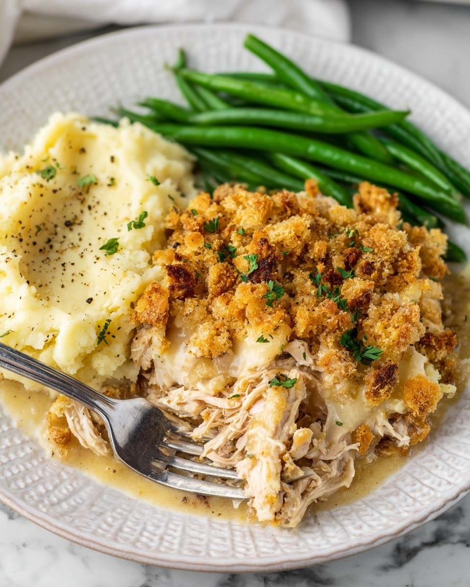 A white plate with three food sections: the bottom right shows shredded tender white meat covered by a thick, golden brown breadcrumb topping with bits of green herbs scattered on top, the left side has creamy, smooth mashed potatoes with light pepper specks, and the top left features bright green slender cooked green beans. The plate sits on a white marbled surface, and a silver fork rests beside the breadcrumb-topped meat. photo taken with an iphone --ar 4:5 --v 7