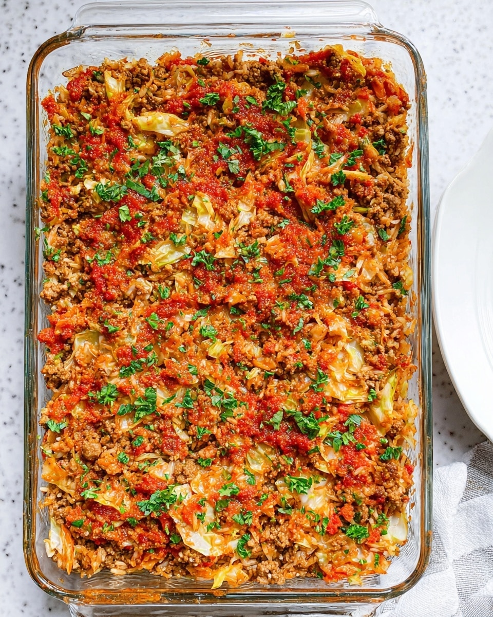 A white plate holds a serving of a baked dish with three visible layers mixed together: the bottom layer is soft cooked cabbage in light yellow, mixed with brown ground meat and bits of cooked onions, the middle layer has a thick red tomato sauce spread around, and the top layer shows some golden brown crispy edges of cabbage and meat. Fresh green parsley leaves are sprinkled on top, adding a touch of color, while a large clear rectangular glass baking dish filled with more of the same dish sits blurred in the background on a white marbled surface. Photo taken with an iphone --ar 4:5 --v 7