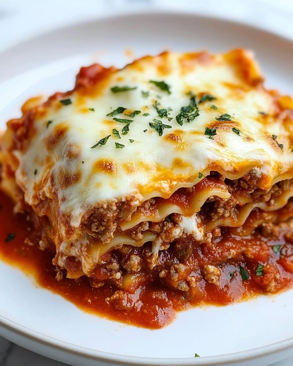 A piece of lasagna sits on a white plate with three visible layers of wavy-edged pasta sheets alternating with rich, brown meat sauce and creamy white cheese layers. The top layer is melted cheese that is golden and slightly browned with small green herb pieces sprinkled on it. The lasagna is placed on a thick bed of chunky bright red tomato sauce that spreads out around the base. A copper fork rests on the right edge of the plate on a white marbled surface. photo taken with an iphone --ar 4:5 --v 7