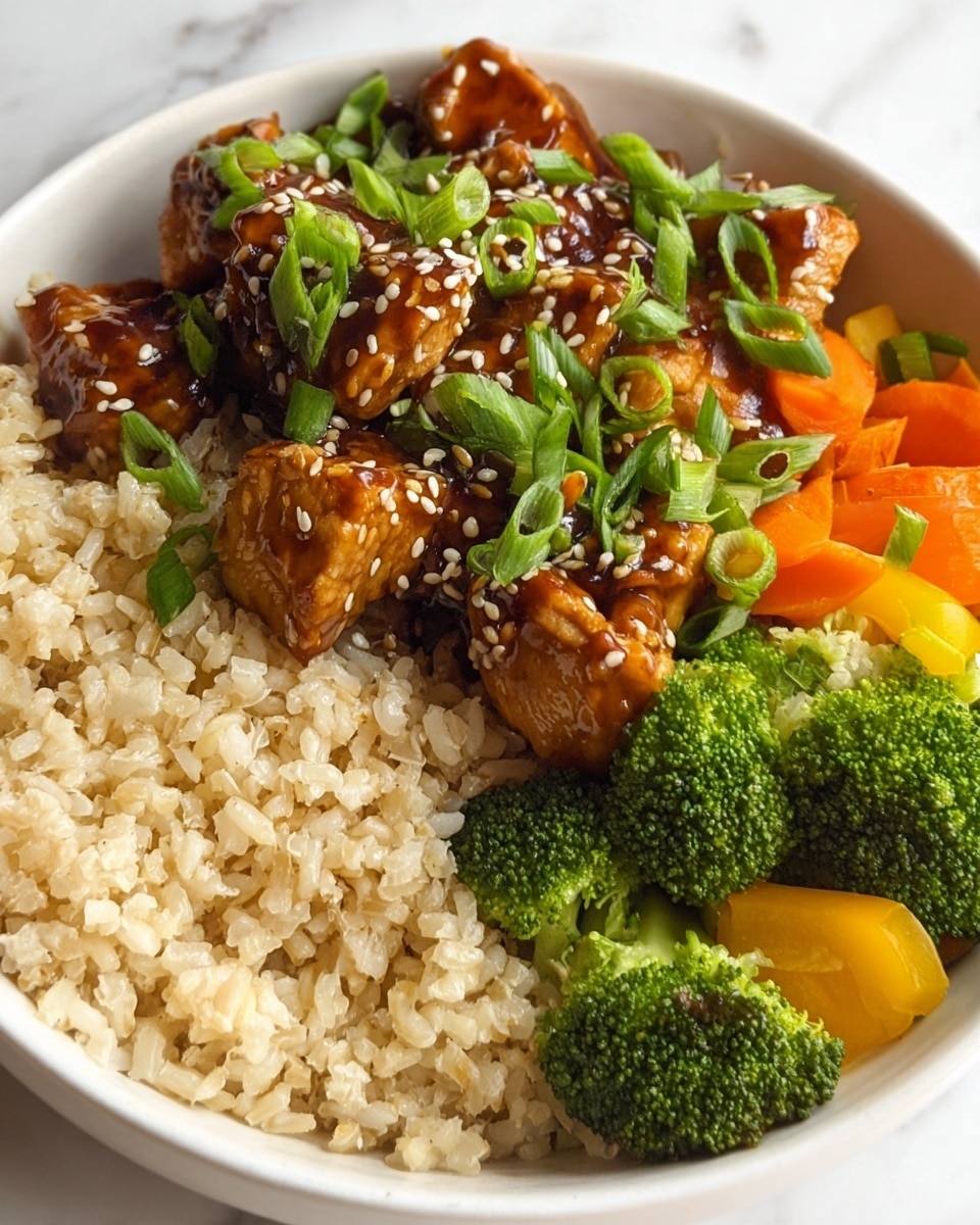 A white bowl filled with three main layers: at the bottom left is a bed of light beige cooked rice with a soft texture, beside it on the right is a colorful mix of steamed vegetables including bright green broccoli florets, orange carrot slices, and a few yellow vegetable pieces, all topped with chopped green onions. On top of the rice and some vegetables sit several pieces of light brown chicken coated in a shiny dark brown sauce and sprinkled with white sesame seeds. The bowl is placed on a white marbled surface. Photo taken with an iphone --ar 4:5 --v 7