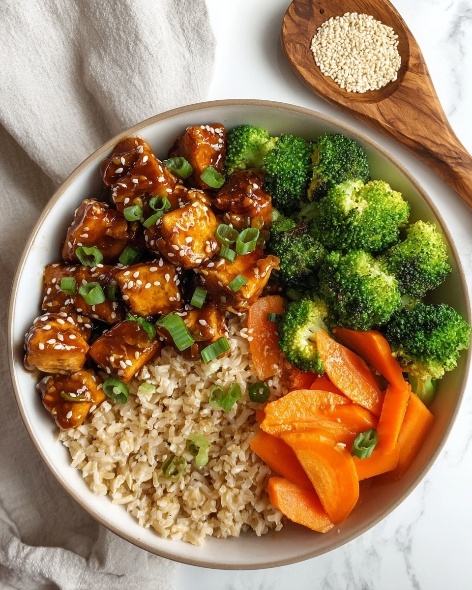 A white bowl with three layers: the bottom left layer is light brown cooked rice with soft texture, the top left layer is glossy, dark brown pieces of cooked chicken sprinkled with white sesame seeds and chopped green onions, and the right layer contains bright green cooked broccoli florets mixed with thinly sliced orange carrots and yellow bamboo shoots, all placed on a white marbled surface. photo taken with an iphone --ar 4:5 --v 7