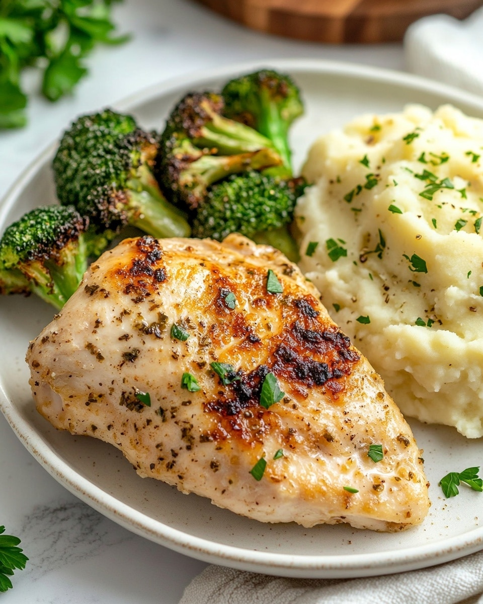 On a white plate with a slight wave pattern, there is a thick, grilled piece of fish with a light golden-brown color and small charred spots, sprinkled with chopped green herbs. To the back right side of the fish, there are bright green roasted broccoli florets with darker, almost black edges showing they are well-cooked. Next to the broccoli, on the right side of the plate, there is a scoop of creamy mashed potatoes with a few green herb bits scattered on top. The plate sits on a white marbled surface with a small bunch of fresh parsley in the foreground and part of a white cloth napkin with thin brown lines just visible. photo taken with an iphone --ar 4:5 --v 7