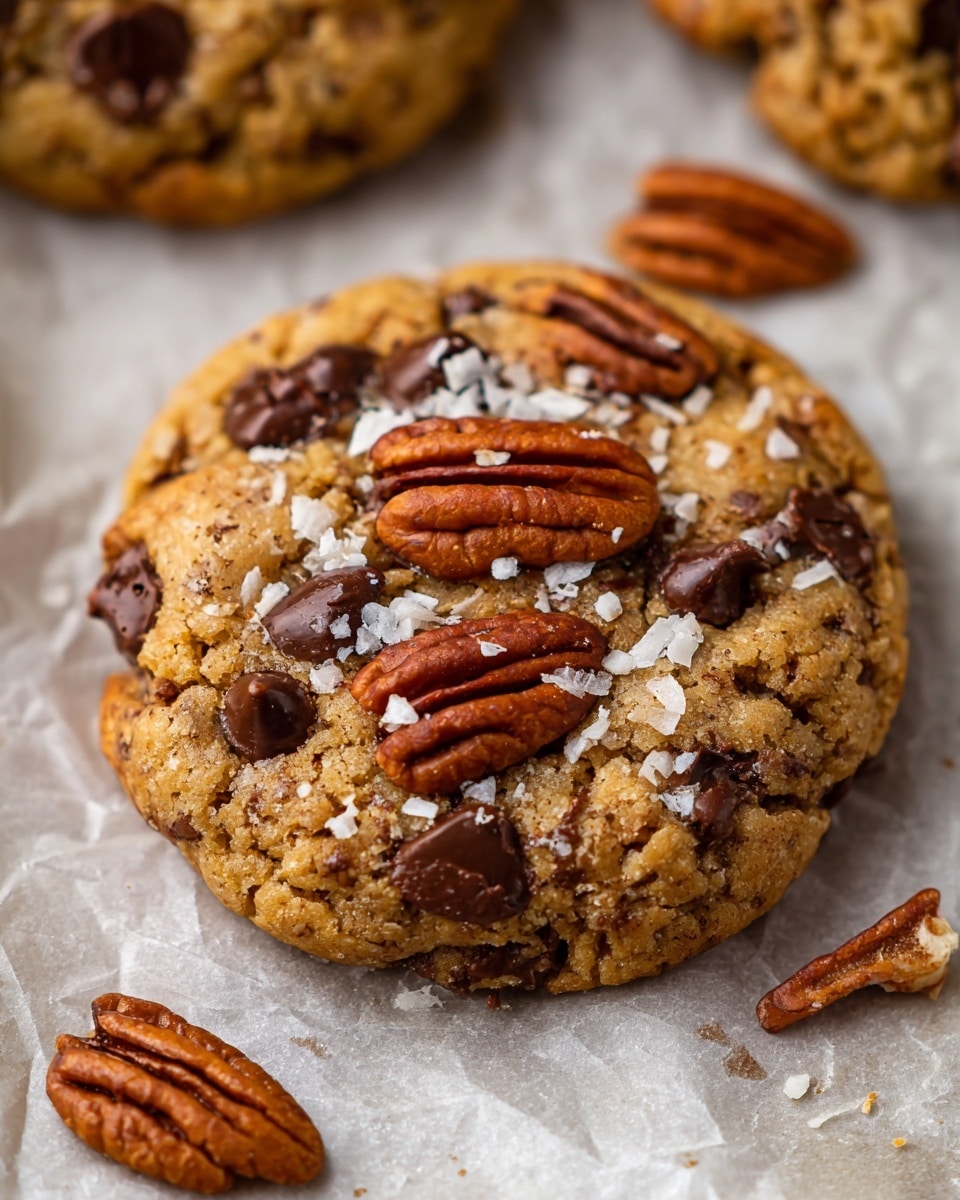 The image shows thick, round cookies on a metal cooling rack. Each cookie has a rough, crumbly texture with visible chunks of dark chocolate chips and whole pecan nuts pressed on top and inside. The cookies are golden-brown with some lighter and darker spots, showing their baked texture. A few pecan halves are scattered on the rack around the cookies. The background is a white marbled texture with a corner of a lightly colored cloth visible. photo taken with an iphone --ar 4:5 --v 7