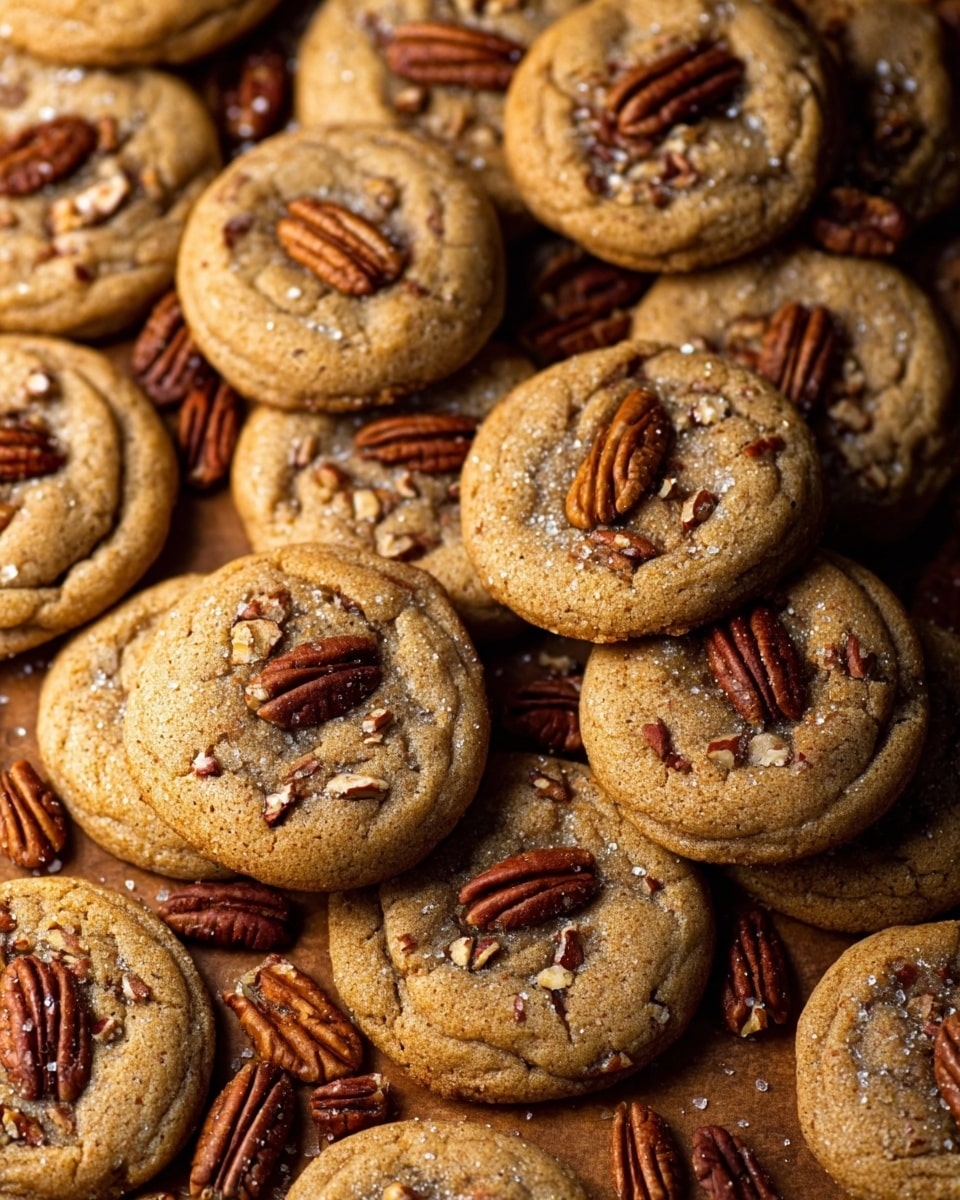 The image shows several round pecan cookies with a soft texture, each topped with chopped pecans and a whole pecan in the center. The cookies are light brown with a slightly cracked surface and sprinkled with coarse sugar. They are arranged closely together on a slightly rusty textured baking tray with scattered whole and chopped pecans around. The background is a white marbled texture. photo taken with an iphone --ar 4:5 --v 7