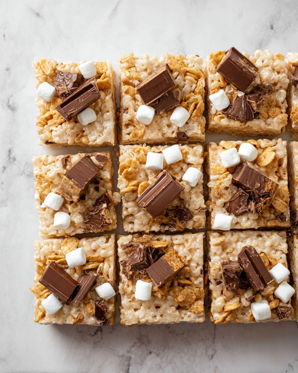 A square tray of 16 soft, light beige rice crispy treats arranged in a 4x4 grid sits on a white marbled surface. Each square is topped with rough-textured golden brown cereal pieces and small white marshmallows scattered across, adding variation. Dark brown Hershey chocolate bars, some whole and some slightly melted, are spread unevenly over the top, adding a glossy contrast to the matte rice treat base. The layers are crispy rice with melted marshmallow as the base, topped with crunchy cereal, small puffy marshmallows, and rich chocolate chunks, showing mix of smooth and uneven textures. photo taken with an iphone --ar 4:5 --v 7