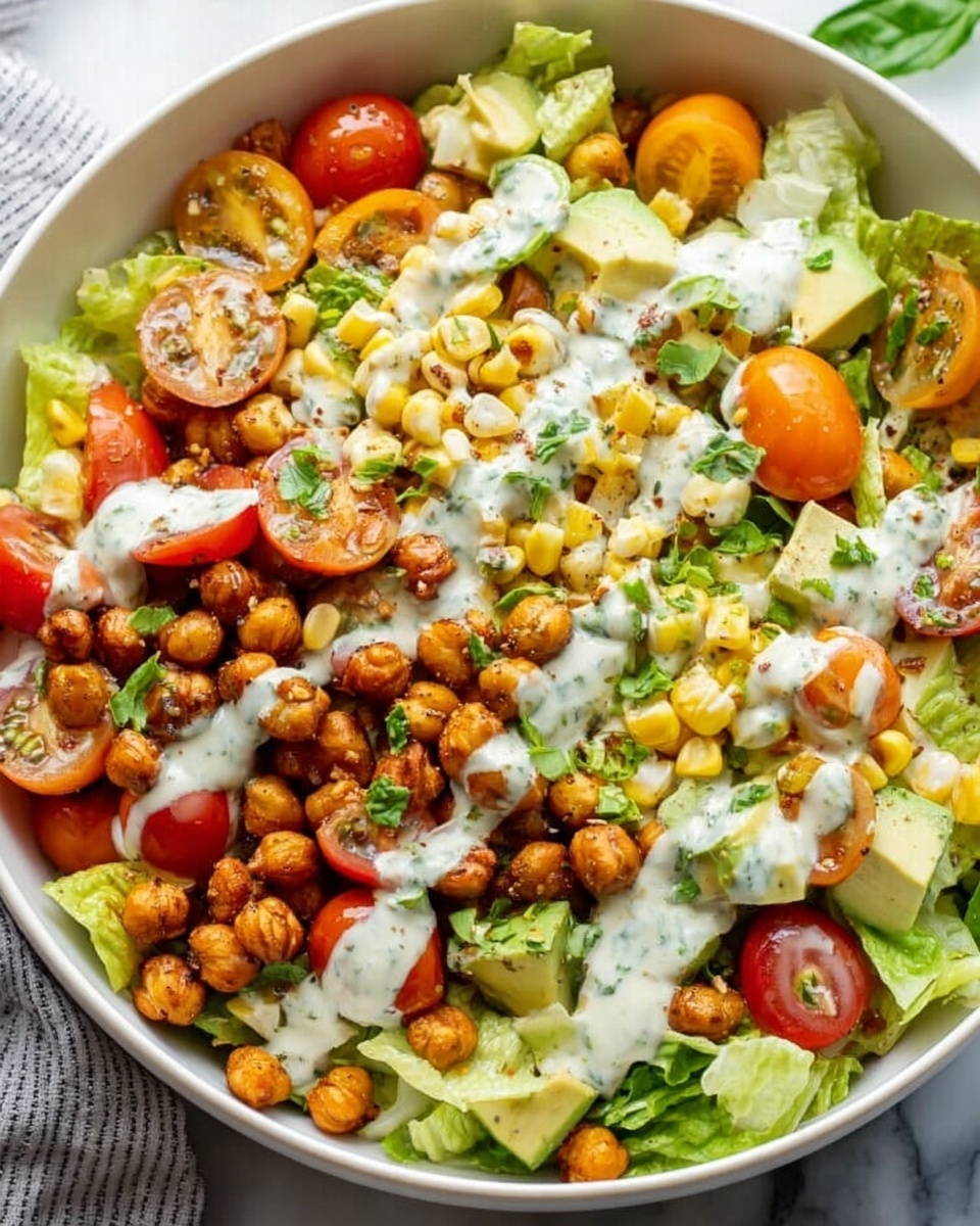 A large white bowl filled with a colorful salad sitting on a white marbled surface. The bottom layer is made of chopped light green lettuce leaves, over which there are bright red and orange cherry tomatoes, some whole and some halved. Scattered on top are golden brown roasted chickpeas and small yellow corn kernels. There are white cubes of cheese spread across the salad, mixed with creamy white dressing drizzled unevenly on top. A few fresh dark green basil leaves are placed on the salad, adding a fresh touch. On the edge of the bowl, there are two lemon wedges. In the background, a small white bowl holds two whole red tomatoes, with green leaves beside it. Photo taken with an iphone --ar 4:5 --v 7