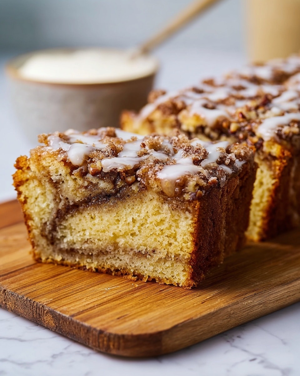 The image shows two thick slices of coffee cake placed side by side on a wooden board, each slice having three visible layers: a light golden-yellow cake base, a middle layer with a swirled cinnamon and nut mixture, and a darker top layer with a crumbly, brown streusel topped with a light drizzle of white glaze. The crumb texture looks soft yet firm, and bits of nuts are visible within the streusel. In the background, a small white bowl with white icing sits on the white marbled surface, slightly out of focus. Photo taken with an iphone --ar 4:5 --v 7