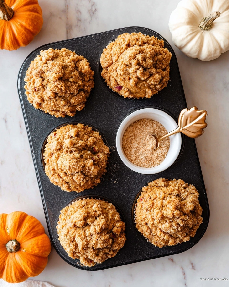 The image shows several muffins with a crumbly streusel topping that is light brown with a rough, crumb-like texture. The muffins have a warm golden-brown color base with small pieces of red fruit visible just under the topping. The muffins are placed on a dark baking tray on a white marbled surface. The front muffin is slightly lifted, showing the top and a bit of the side with an uneven, crumbly top layer and soft textured cake underneath. To the right side of the tray, there is a small decorative orange pumpkin. Photo taken with an iphone --ar 4:5 --v 7