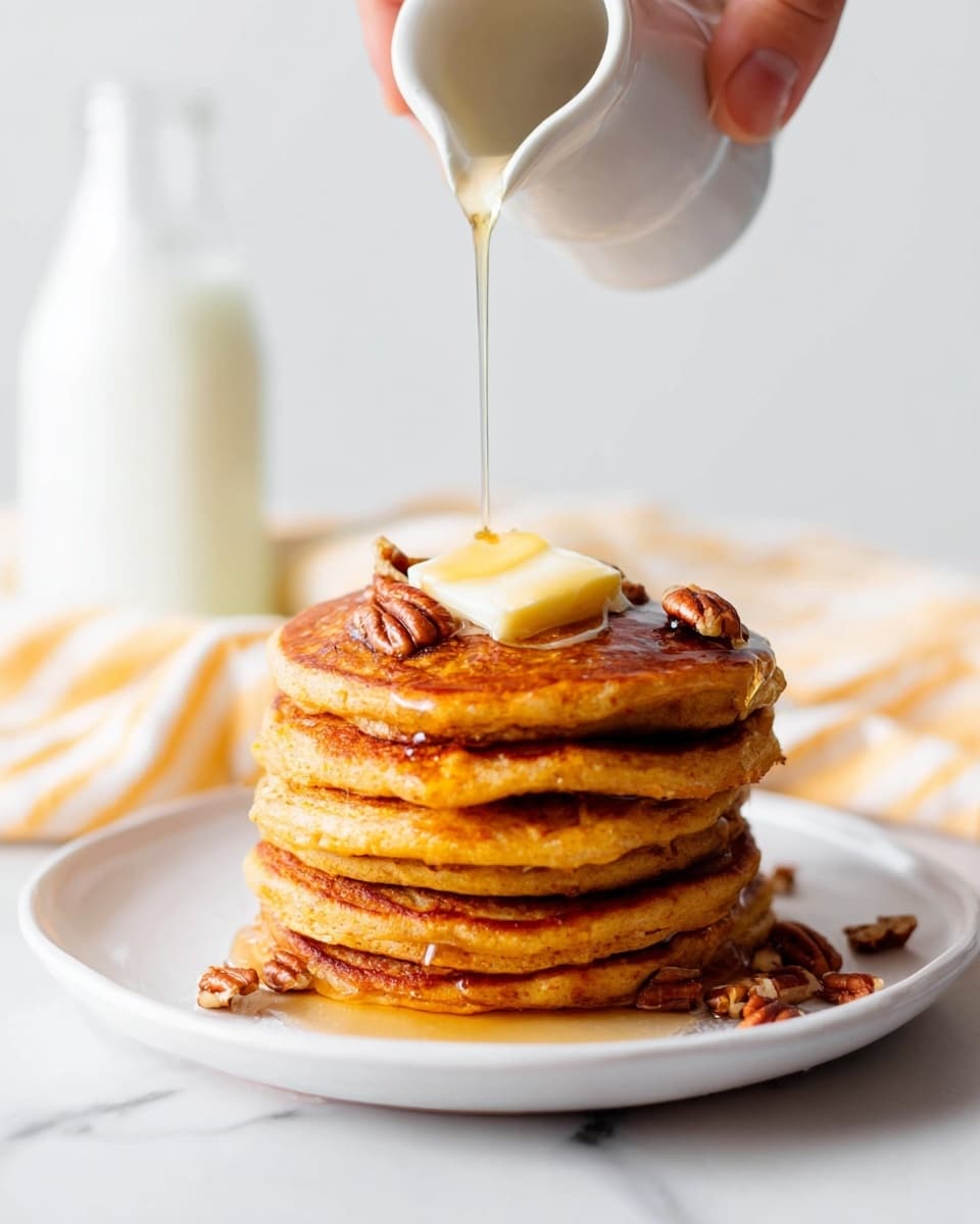 A stack of six golden brown pancakes sits on a white plate, showing a slightly crispy texture on the edges with a soft, fluffy inside. On top, a small square of butter melts gently, surrounded by a few small pieces of pecans. A woman's hand is pouring a thin stream of syrup over the butter, creating a shiny glaze that drips down the sides of the pancakes. A silver fork rests on the side of the plate. The plate sits on a bright white marbled surface with a glass bottle of milk and a pale yellow cloth with white stripes blurred in the background. photo taken with an iphone --ar 4:5 --v 7