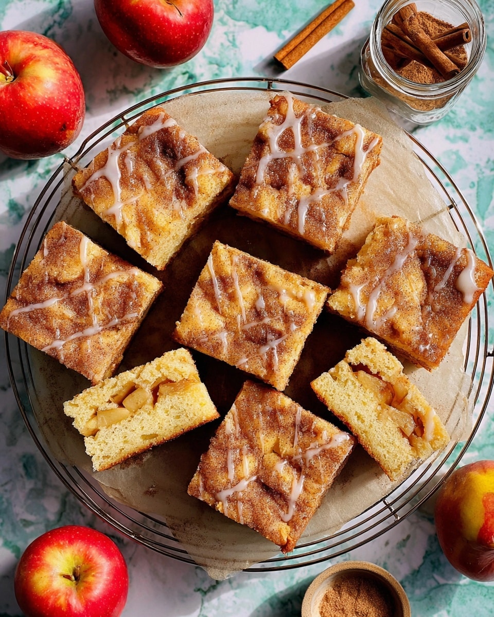 Nine square pieces of apple cinnamon cake are arranged on a round white cooling rack lined with parchment paper, placed on a white marbled surface. Each cake square has a golden-brown top layer sprinkled with cinnamon sugar and drizzled lightly with white glaze, creating a shiny texture with rough patches. Two squares are slightly lifted, showing the inside with soft, light yellow cake layers filled with small pieces of apple. Around the rack, there are some whole red apples, a glass jar with cinnamon sticks, and a small brown bowl with cinnamon sugar. The overall look is warm and inviting with a mix of soft and crunchy textures. photo taken with an iphone --ar 4:5 --v 7