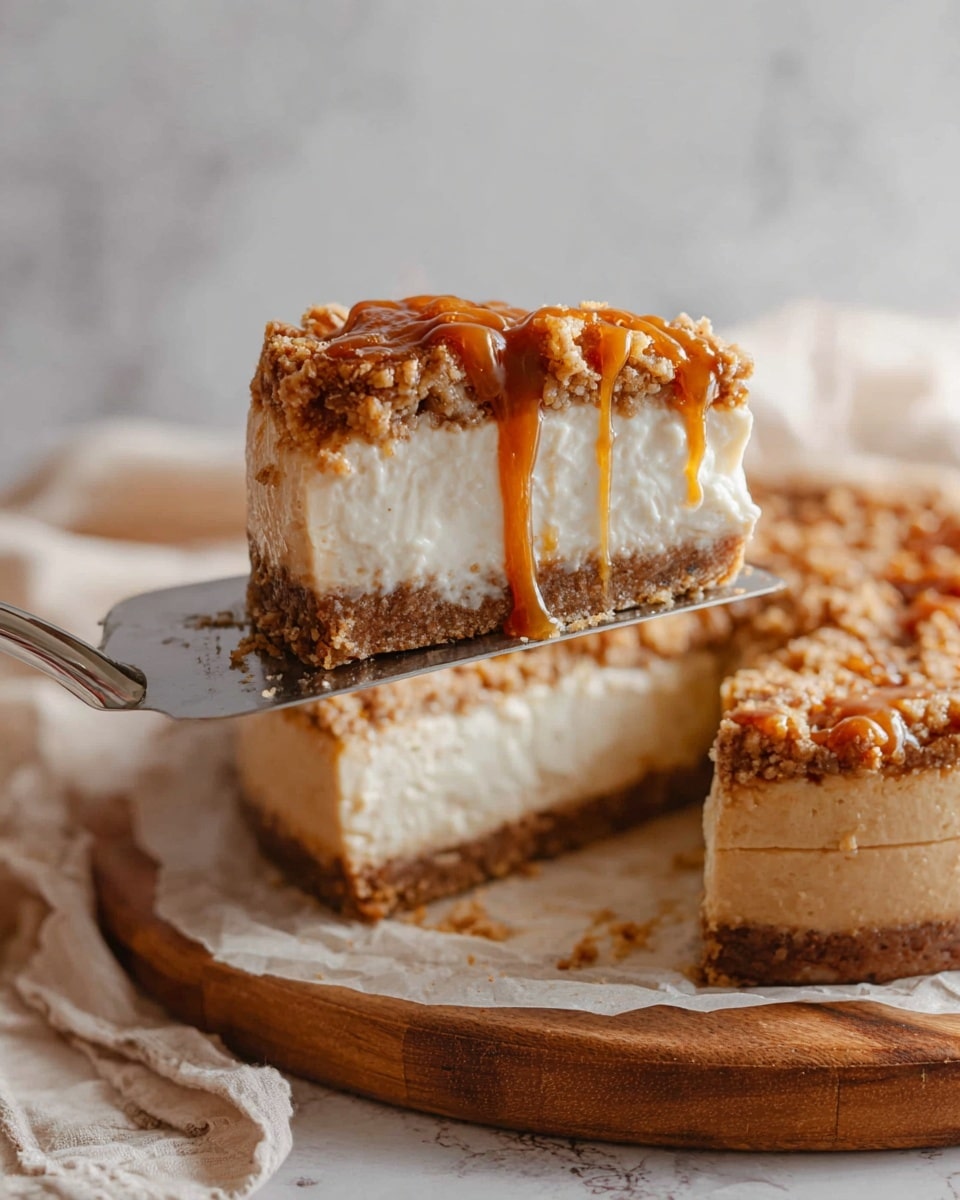 The image shows a slice of cheesecake on a white speckled plate resting on a white marbled surface. The cake has three clear layers: a bottom layer of light brown crumb crust, a thick middle layer of creamy white cheesecake filling, and a top layer covered with a golden brown, crumbly streusel. Drizzled over the streusel topping is a glossy caramel sauce that drips slightly down the side. In the blurred background, there is another slice of cheesecake on a white plate and a glass of milk. Photo taken with an iphone --ar 4:5 --v 7