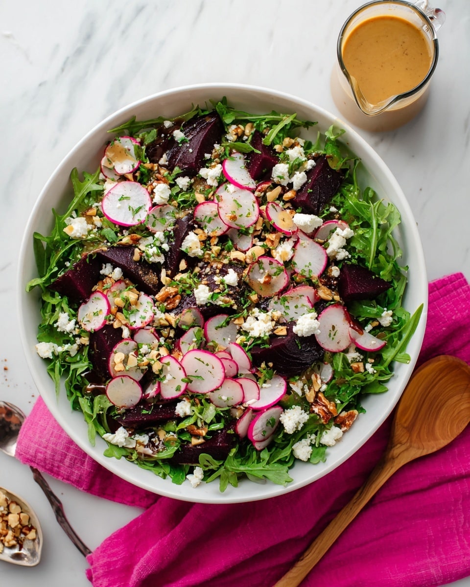 A white bowl filled with a fresh green layer of arugula leaves, topped with dark purple roasted beet slices scattered evenly. Over the beets are light pink and white thinly sliced radishes and small chunks of white cheese sprinkled throughout. There are also bits of chopped green onions and small bits of nuts adding texture. The salad is lightly drizzled with a brownish dressing, giving it a slightly shiny look, all set on a white marbled surface photo taken with an iphone --ar 4:5 --v 7