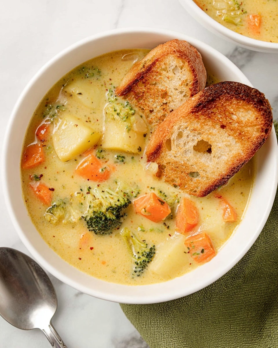 A white bowl filled with thick creamy soup that has chunks of bright orange carrots, green broccoli, and pale cream potatoes all mixed in a smooth light yellow base. Two slices of toasted French bread with a crispy golden crust and airy texture rest partially in the soup on top. The bowl sits on a white marbled surface next to a green cloth napkin and a silver spoon. Photo taken with an iphone --ar 4:5 --v 7