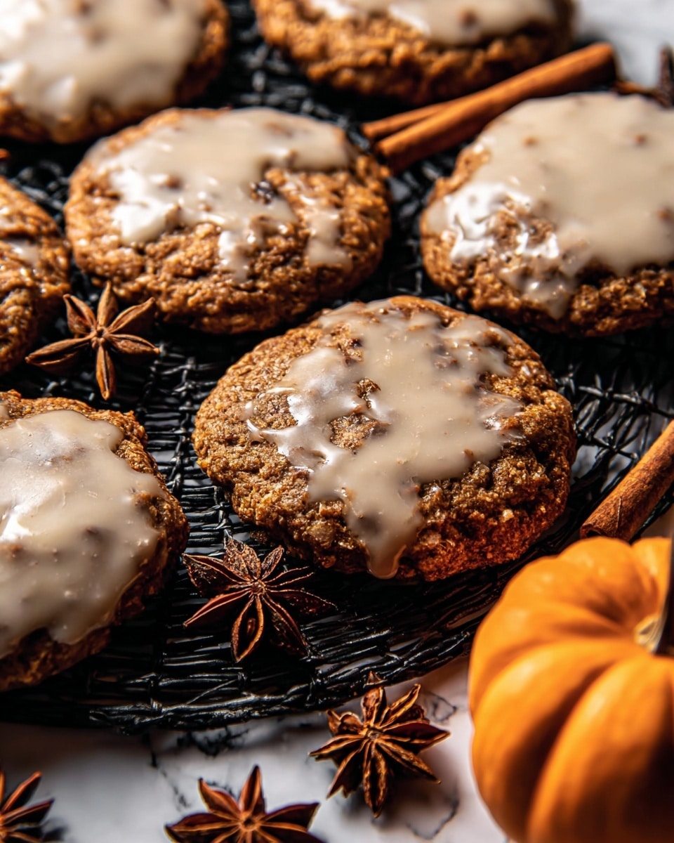 The image shows a close-up of five round cookies with a rough, brown texture, each topped with a light beige glaze that looks smooth and unevenly spread on the surface. The cookies rest on a black wire cooling rack, which contrasts with the rich dark brown of the cookies. Around the cookies, there are cinnamon sticks and star anise placed decoratively, and a small orange pumpkin sits in the lower right corner, adding a warm autumn feel. The background is a white marbled texture, highlighting the warm tones in the food. photo taken with an iphone --ar 4:5 --v 7